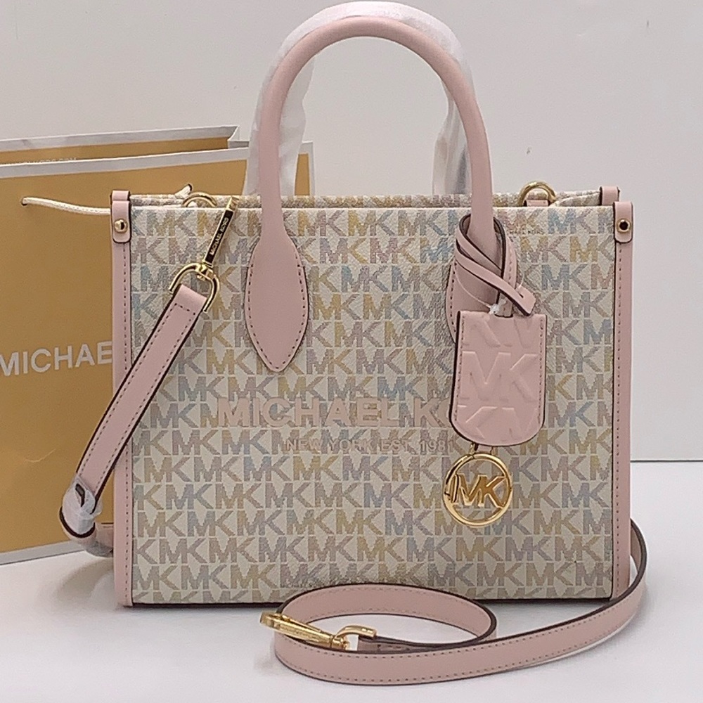 Michael Kors Mirella Small Shopper Top Zip Crossbody Pdr Blush Multi Logo MK
NWT